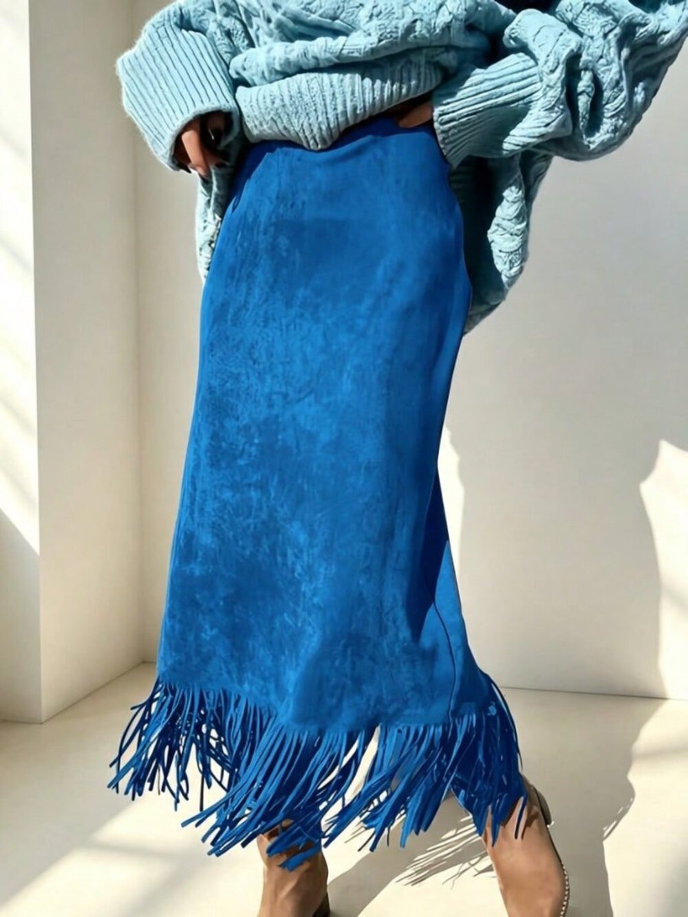 Blue Elegant Boho Women's Faux Leather Velvet Fringed Long A-Line Skirt